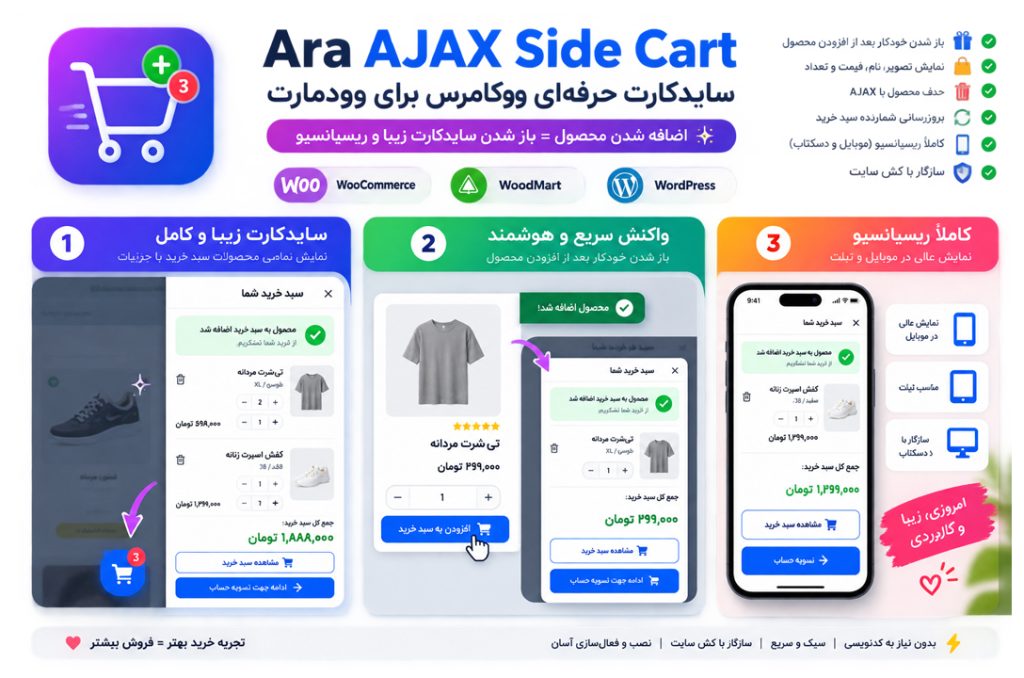 افزونه سایدکارت ووکامرس | Ara AJAX Side Cart حرفه‌ای