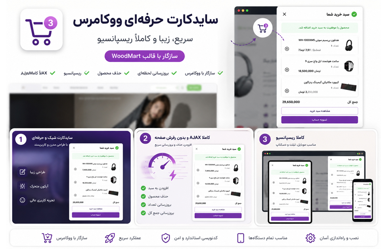نمایش سایدکارت حرفه‌ای ووکامرس در موبایل و دسکتاپ